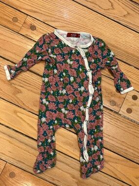 Milkbarn Bamboo Pink Floral Footed One-Piece with Cream Trim 3-6 months